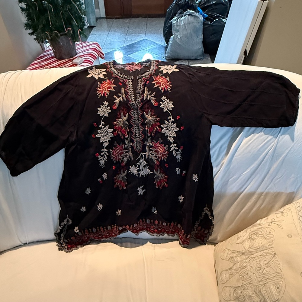 Johnny Was Black Tunic with Red and Gray Embroidery